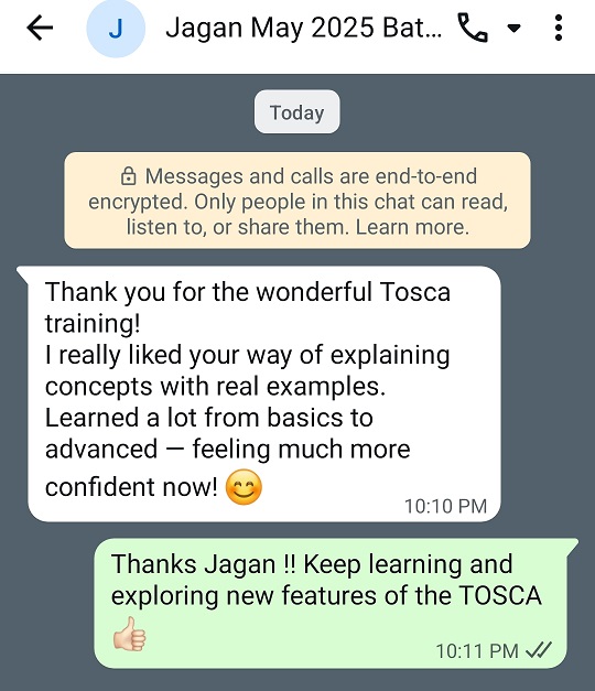 Learner WhatsApp testimonial for Tosca training program